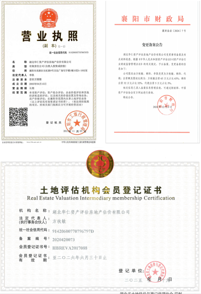 華仁資產評估房地產估價有限公司營業(yè)執(zhí)照、資產評估備案公告、土地評估機構登記證書